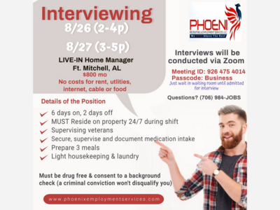 Zoom interviews Thursday and Friday for LIVE-IN position in Ft. Mitchell, AL