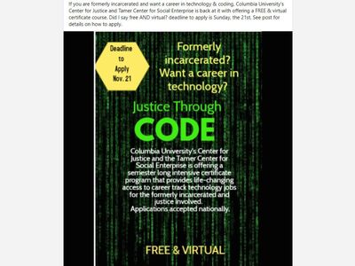 Deadline TODAY: FREE coding course for formerly incarcerated people